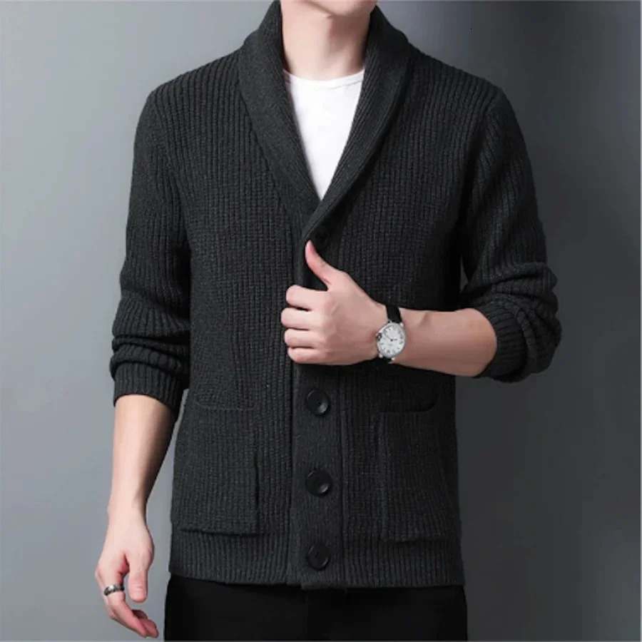 Army Green Cardigan Men Buttonup Sweater Autumn Winter Knitted Coat Thick Warm Casual Solid Streetwear Mens Fashion Clothing 241018
