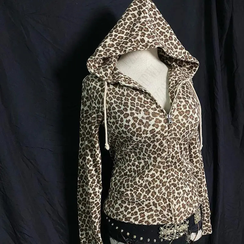 Y2K Zip up hoodie Harajuku Leopard print High street Grunge Goth Fashion Zipper Hoodie sweatshirt Retro Punk Casual Hip Hop Top 241017