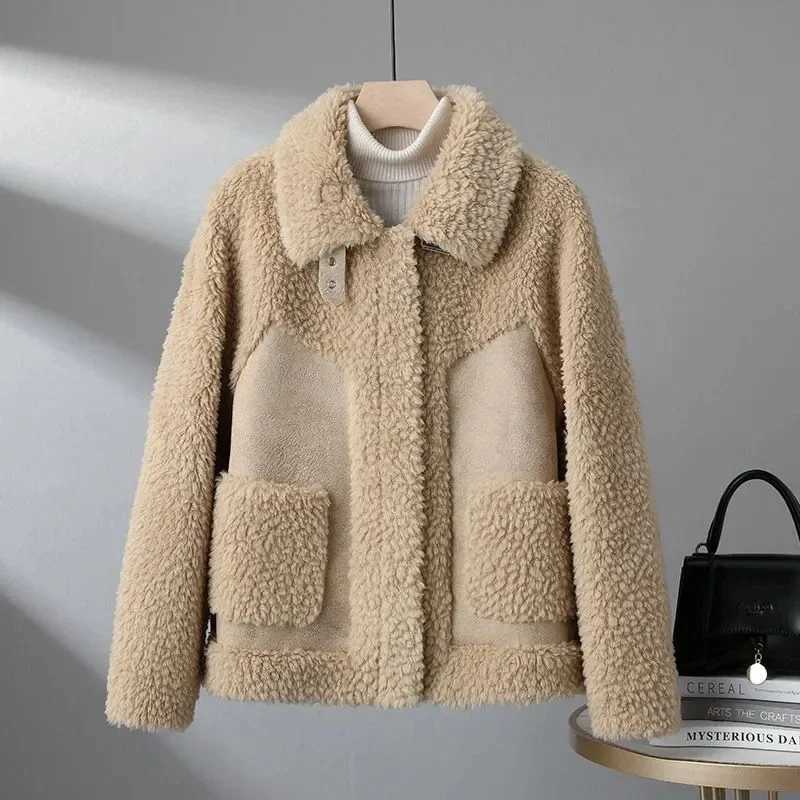 2024 Autumn Winter Lambswool Jacket Womens Chic Splice Lamb Wool Coat Tops Women Korean Bomber Wool Outwear Woman Suede JacketsX2410