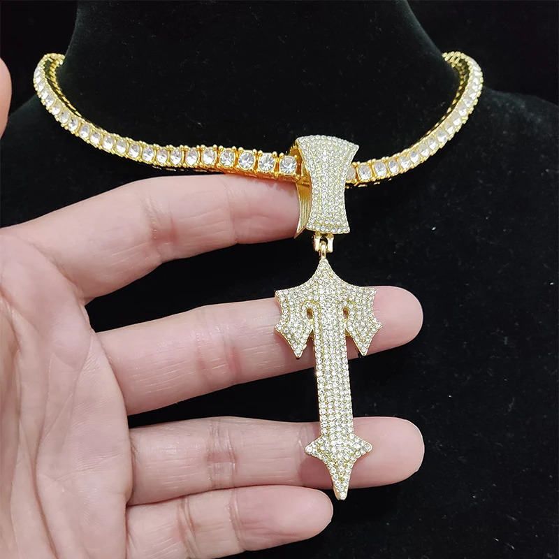 Mens Hip Hop Letter Iced Cross Sword Necklace 4mm Zircon Tennis Chain Hip Hop Pendant Necklace Charm Jewelry 241018