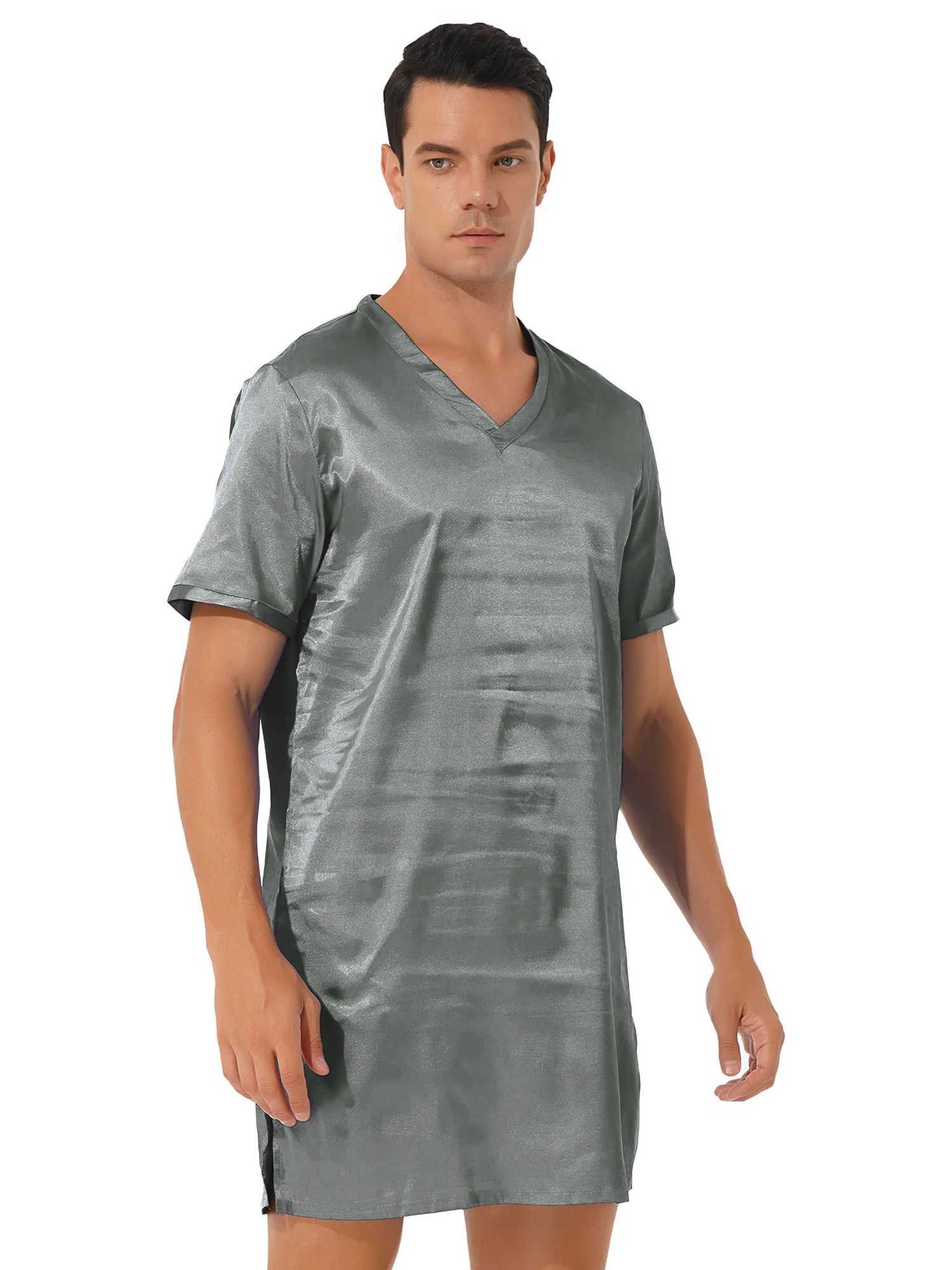 Men Women Satin Pajamas Nightgown V Neck Short Sleeve Bathrobe Sleepwear Pijama Nightclothes Homewear Sides Split NightwearXJ241018