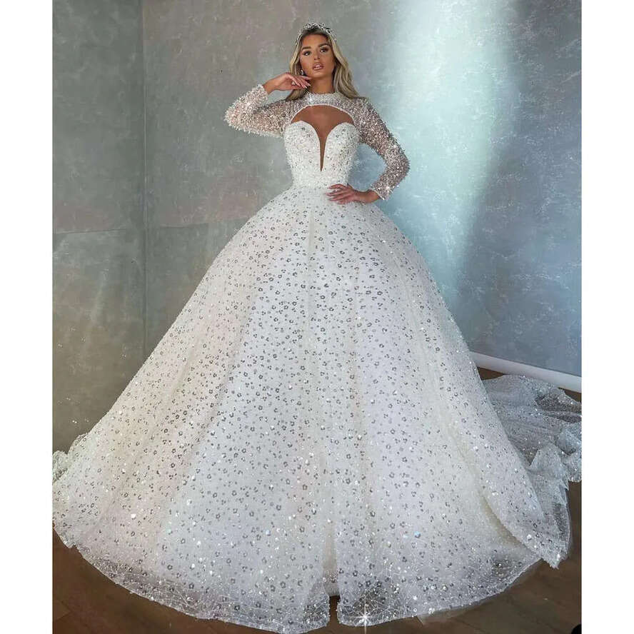 Neck Sexy High Mermaid Long Sleeves Gowns Custom Bridal Made Sequined Race Or Length Wedding Dresses Court Train Satin Ruched Tulle Beach Vestido De N