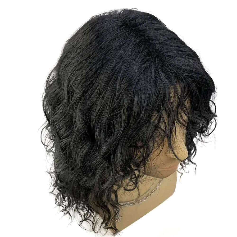 18 Inch Synthetic Rock Men/Women Black White Bangs Long Wavy Curly Party or Halloween Wig