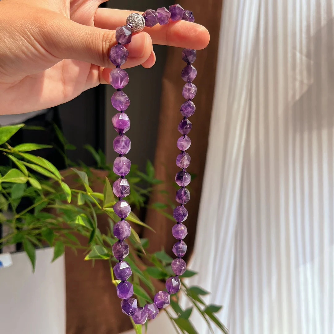 A womans necklace. Natural 10mm amethyst with irregular particles. Enchanting jewelry. Fashion accessories. The gift. 241018