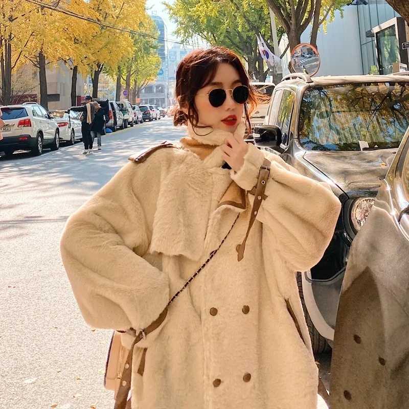 Lamb Woman Wool Jacket 2022 New Winter Fashion Double Breasted Prairie Chic Thick Loose Korean Style Hip Hop Jacket FemaleX241018
