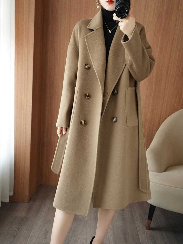 Autumn and Winter New Womens Coat Double-Sided Woolen 100% Pure Wool Waist-Tight Hand-Stitched Fashionable Elegant Womens CoatX241009