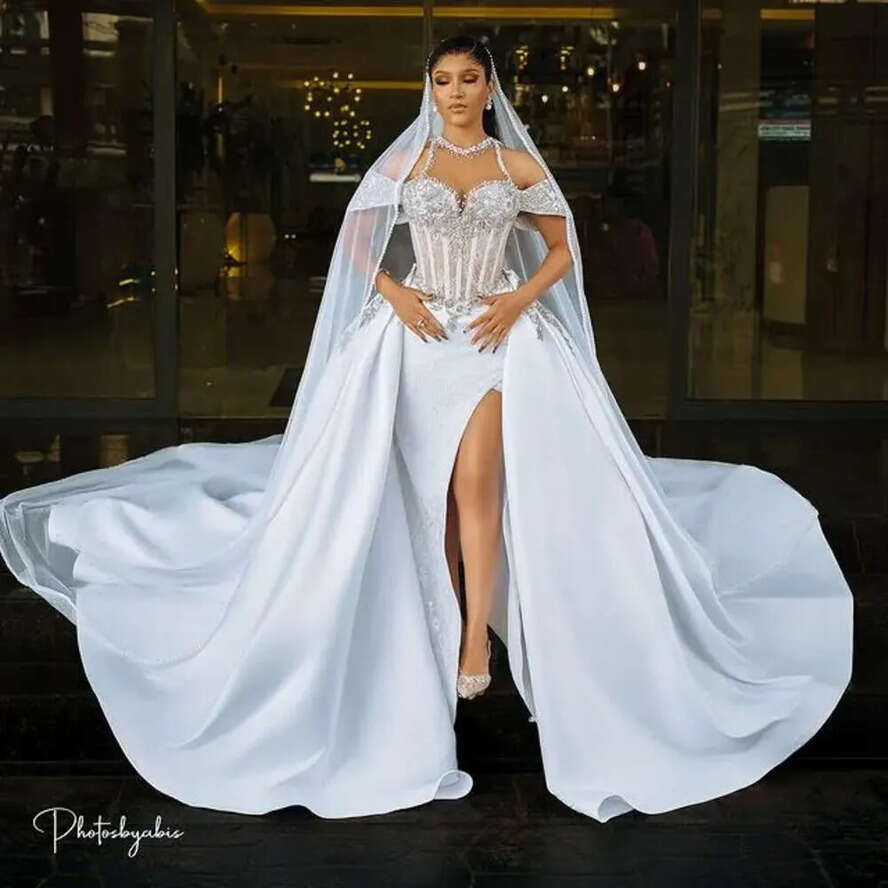 Plus Arabic Aso Ebi Oct Size Lace Mermaid Wedding Dress Beaded Crystals Detachable Train Bridal Gowns Dresses Zj Es 6660311