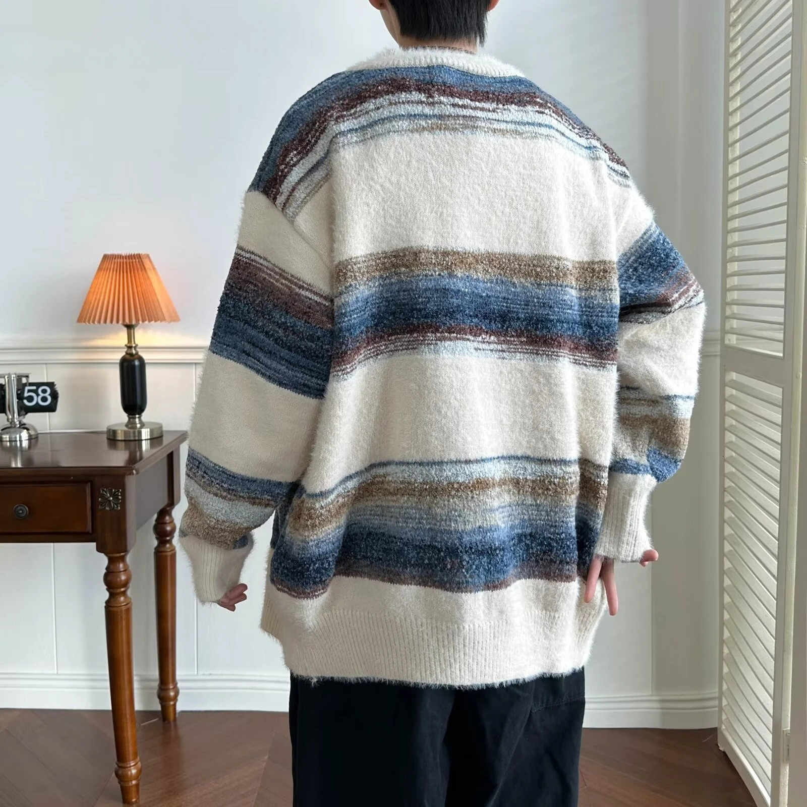 Striped Cardigan Men Chic Baggy Slouchy Vneck Japanese Style Harajuku Vintage High Street Knitting Sweaters Allmatch Autumn 241018