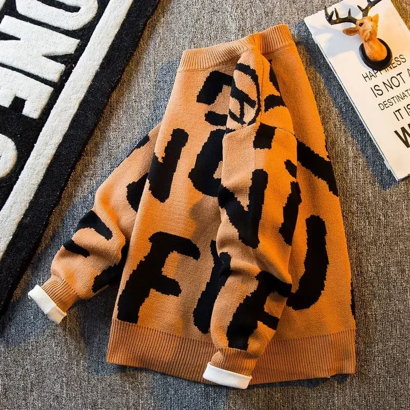 Knit Sweater Male Letter Mens Clothing Print Round Collar Aesthetic Crewneck Pullovers Korean Autumn Loose Fit Fashion X A 241018