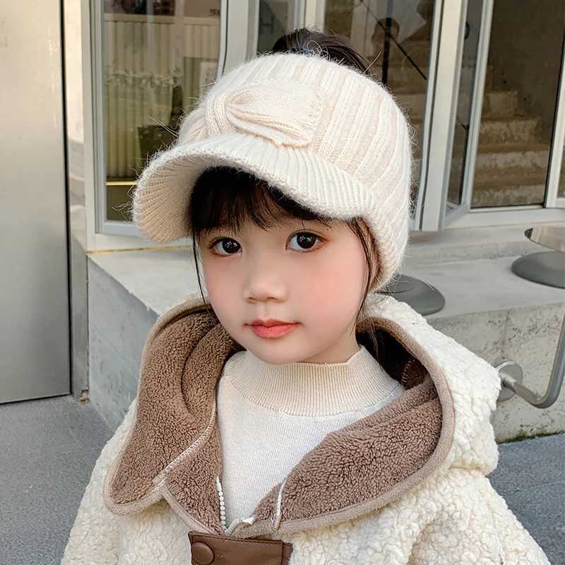 Empty Top Ear Protection Woolen Hat Baby Girl Bow Knitted Duckbill Hats 3-10year Kids Winter Warm Earmuffs Cap Children Beanies LX241018