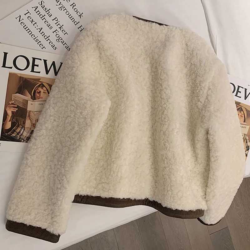 Vintage Lamb Faux Wool Jacket Women Korean Patchwork Cropped Coat Office Lady Elegant Thicken Warm Casual Short Outerwear TopsX241018