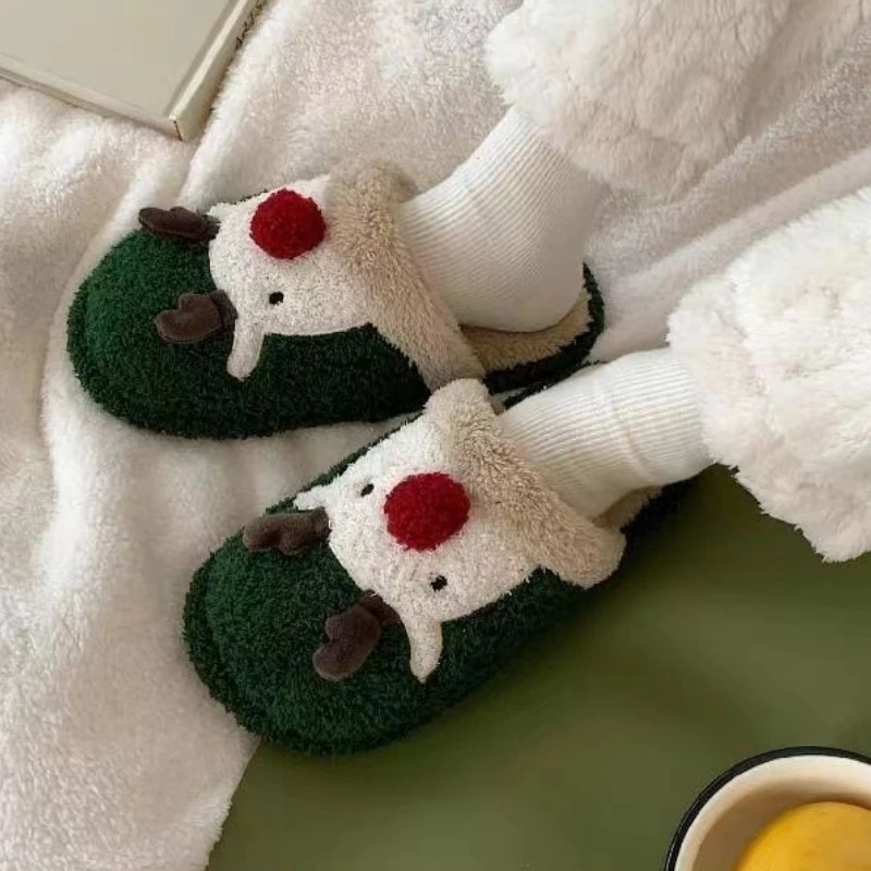 Winter womens cartoon deer fur slider mens indoor plush quiet sandals couple Christmas cotton shoes girl warm slider as a gift241018bj