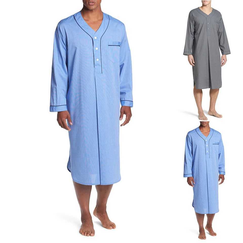Men Loose V Neck Long Sleeve Nightgown Pajamas Comfy Cotton Sleepwear Top Shirt Homewear Robe Casual Long NightdressXJ241018