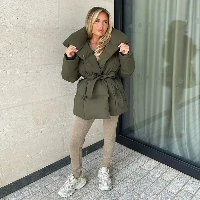Malina Winter Thick Stand Collar Parkas Women Fashion Tie Waist Coats Elegant Solid Short Padded Jackets Female Ladies 241018