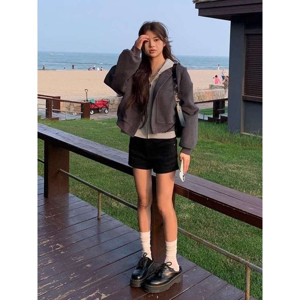 American Street Vintage Hoodie Baseball Jacket 2024 Autumn New Gray Coat Women Y2k E-Girl Long Sleeve Zipper Tops Mujer