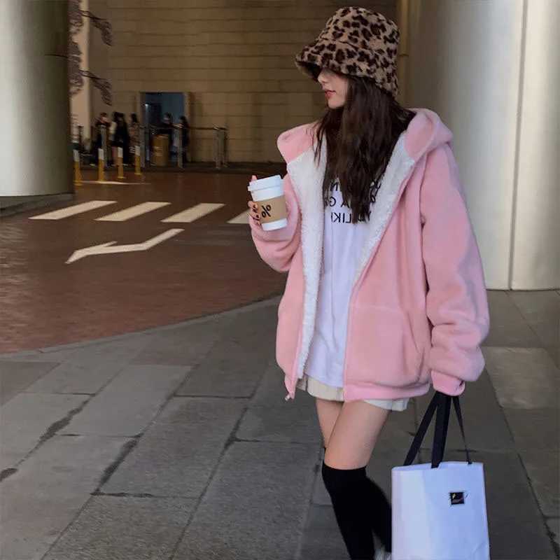 Pink Plus Velvet Hooded Sweatshirts Women Autumn Winter Zipper Thicken Warm Hoodies Woman Korean Student Lamb Wool CoatX241018