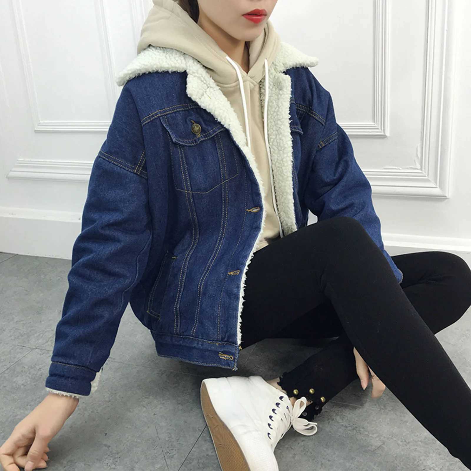 Vintage Women Lambswool Denim Jacket Women Autumn Winter Thicken Fleece Warm Denim Jacket Punk Long Sleeve Casual Loose OutwearX241018