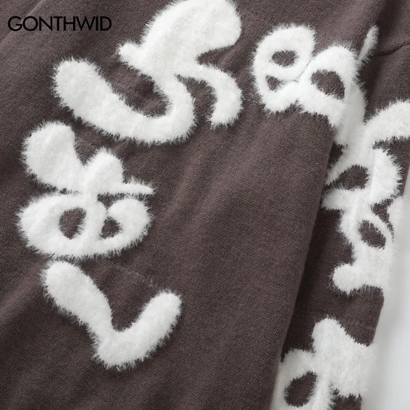 Harajuku Fluffy Letter Sweater Hip Hop Knitted Jumpers Streetwear Men Fashion Casual Loose Pullover Sweaters Knitwear 241018