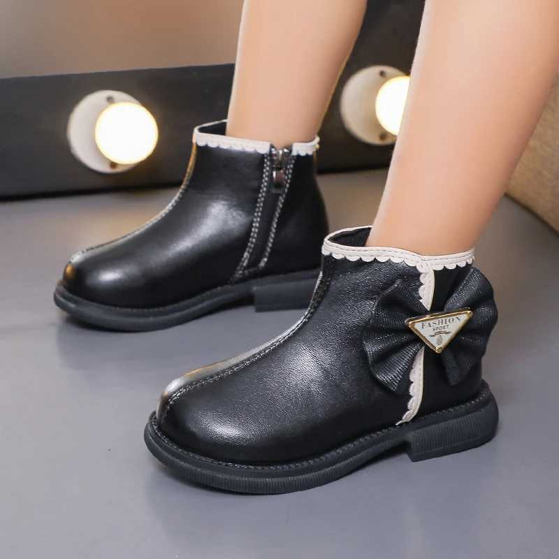 Boots Girls Fashion Princess Boots with Bow-knot Lace Solid Color Sewing Cute Children Short Leather Boots 2024 Spring Autumn New H241018