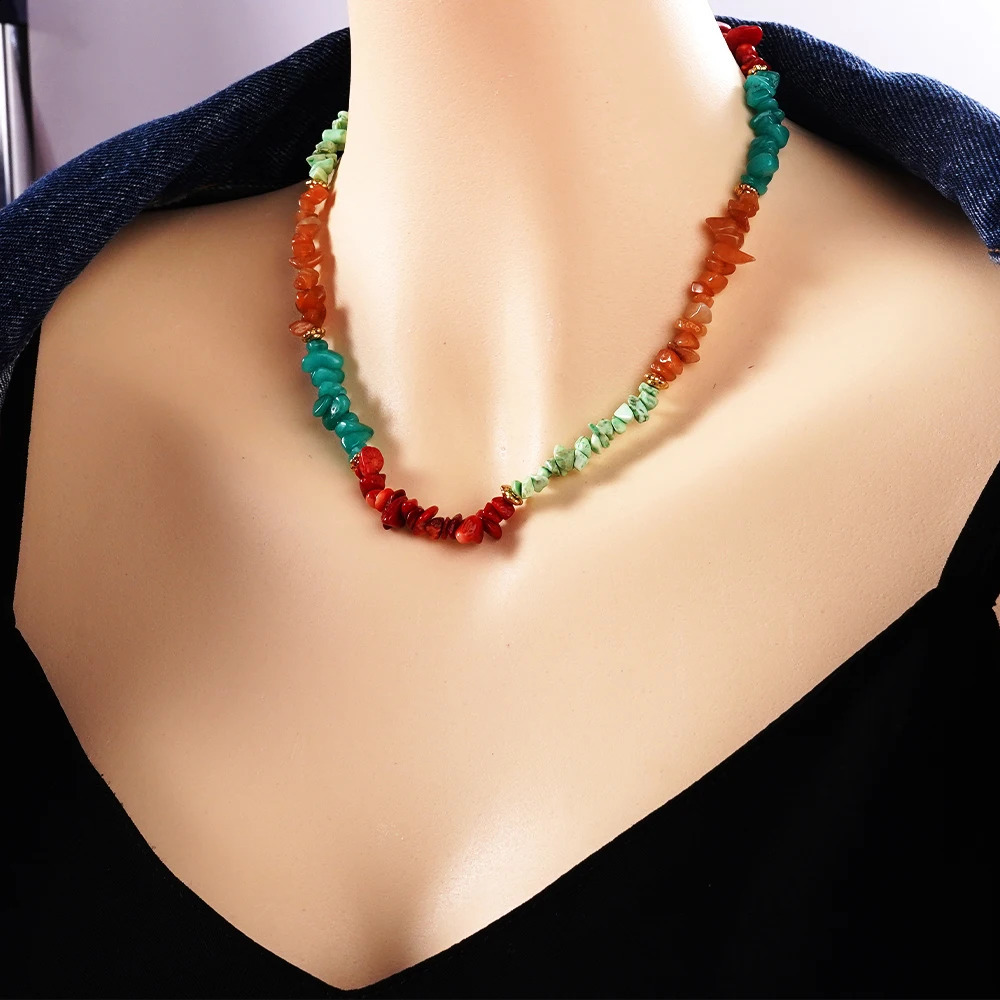 Natural gemstone necklace irregular red coral chip stone natural pearl jewelry production stainless steel accessories necklace 241018
