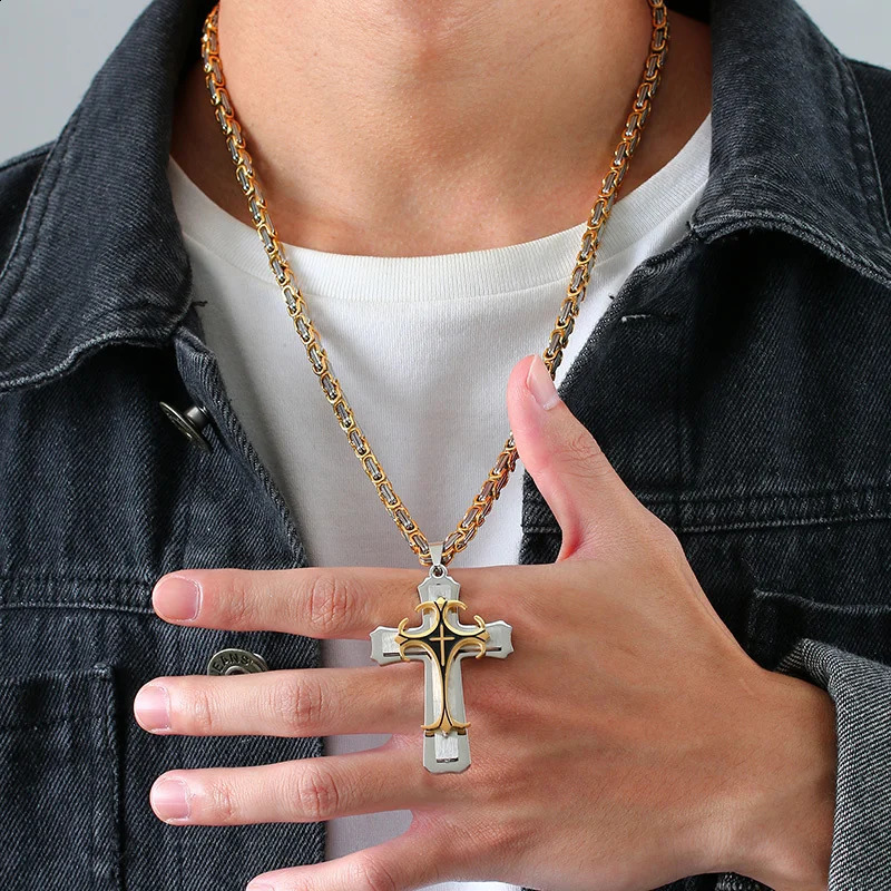 Vnox Mens Cross Necklace with 4MM Byzantine Chain Punk Rock Stainless Steel Catholic Cross Pendant Religious Jewelry 241018