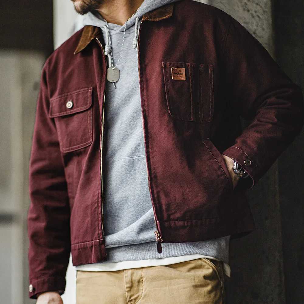 Maden Retro Heavyweight Canvas Detroit Jacket Corduroy Collar Hunting Short Zip-Up Jacket with Pockets Mens Autumn Outerwear LX241018