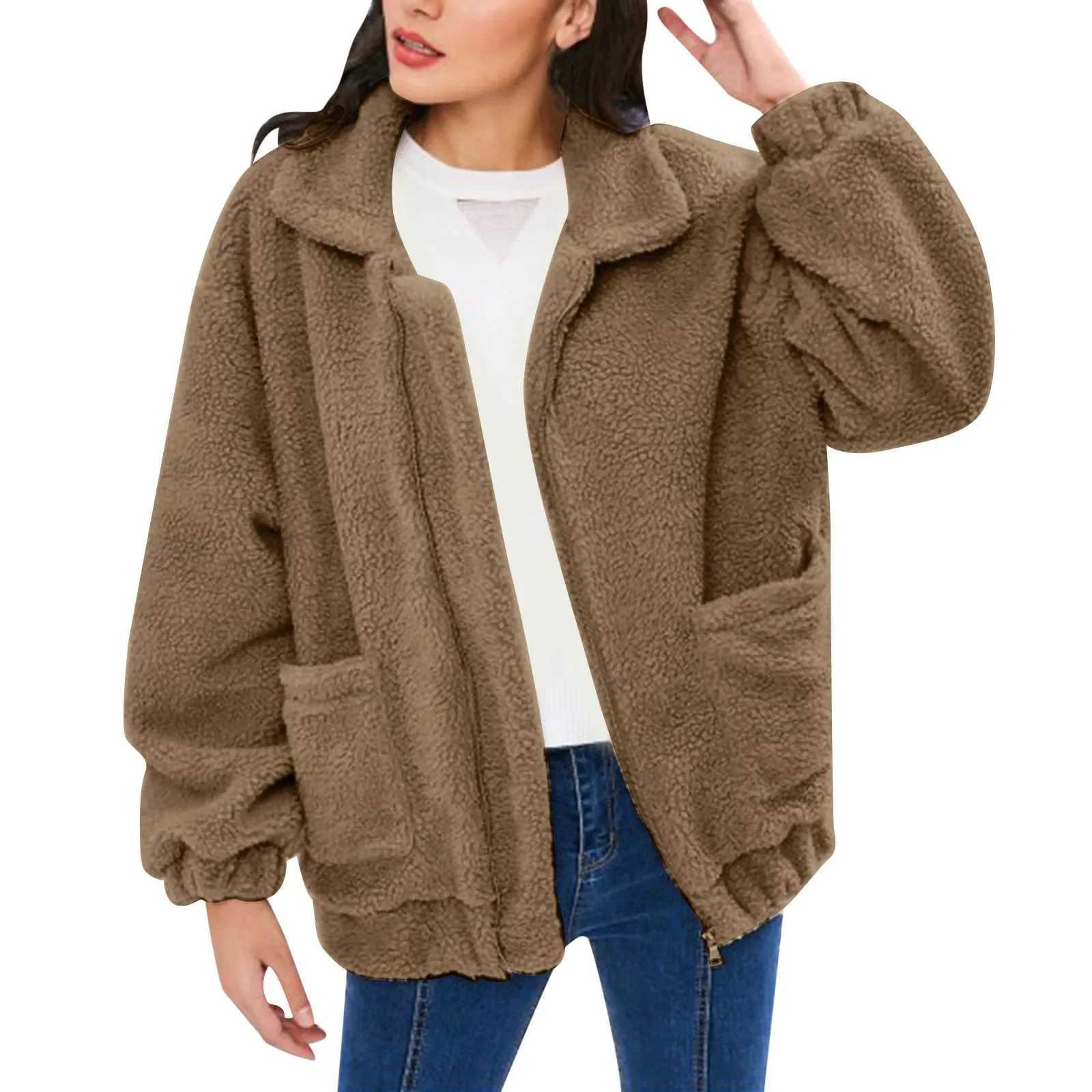 Fashion 2023 Autumn Women Teddy Bear Fluffy Jacket Stand Collar Loose Plush Jacket Brown Solid Warm Outwear Faux Lamb CoatsX241018