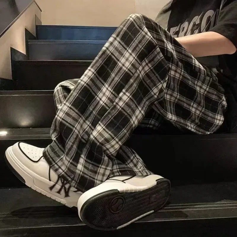 Straight Plaid Mens Casual Pants Long Check Male Trousers Korean Style Clothes Low Price Stylish Y2k Fashion Streetwear 241018