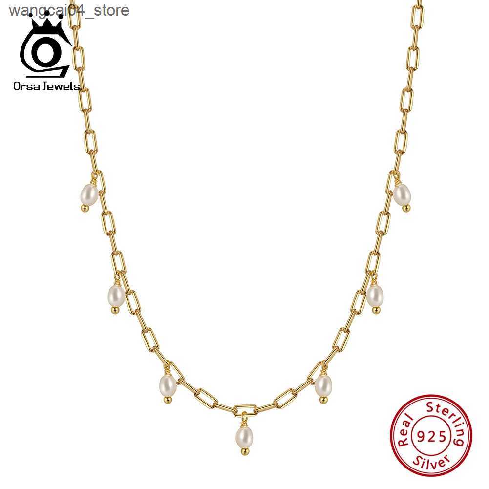 Chokers ORSA JEWELS 14K gold paper clip chain necklace with natural pearls suitable for women S925 silver pearl necklace party jewelry GPN51 L240910