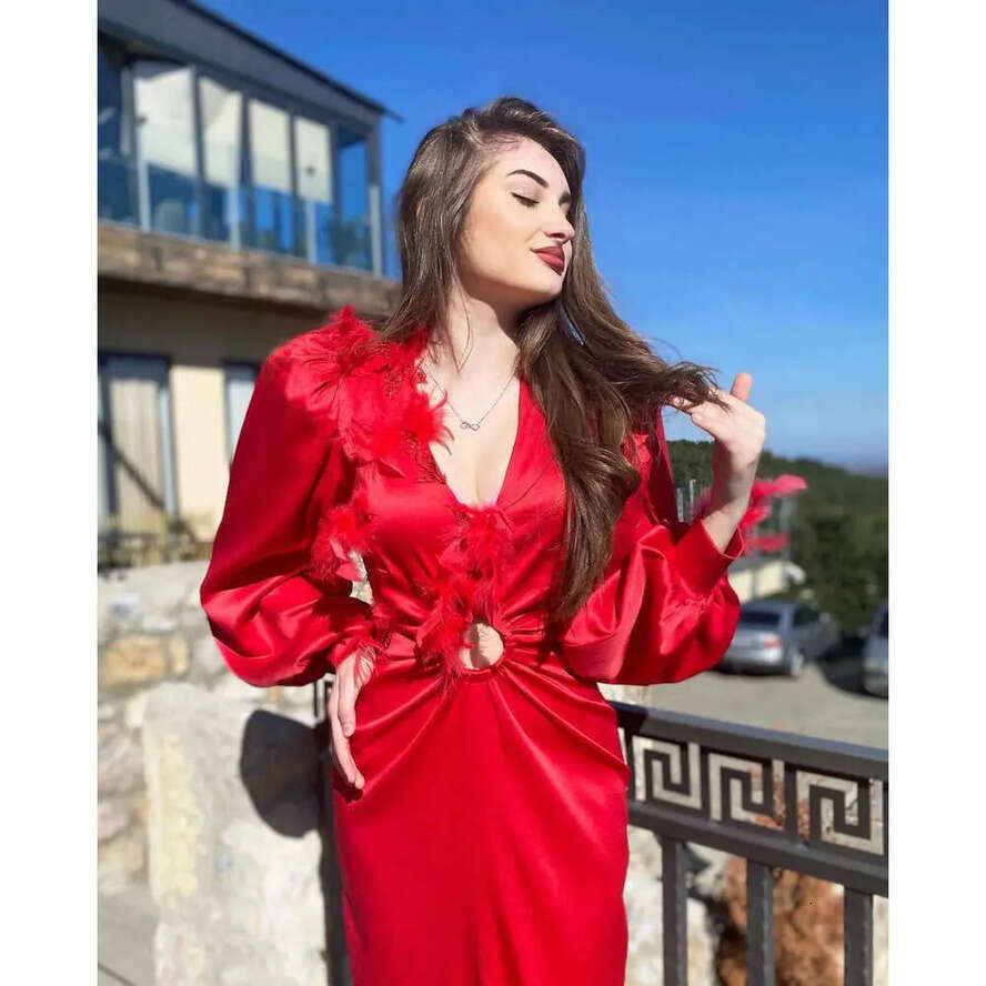 Sexy Feather Sleeve Red Dress Long With Beads Applique Lace Satin Formal Ocn Custom Made Or Length
