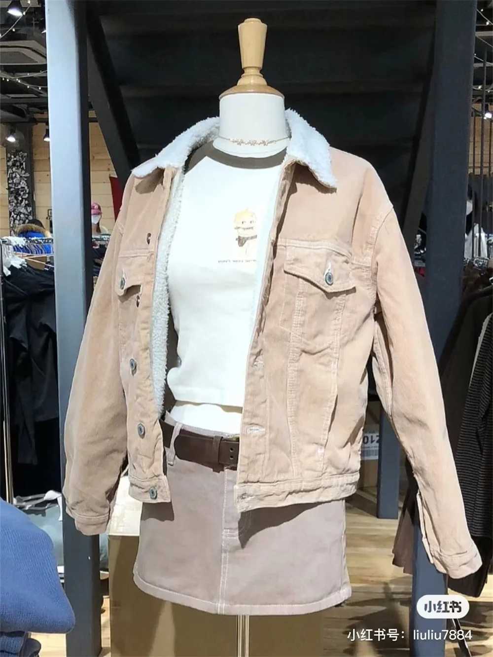 Women Pocket Corduroy Jacket 2023 Winter Fashion Casual Ladies Commuter Lamb Wool Solid Thick Jacket For Women khaki OutwearX241018