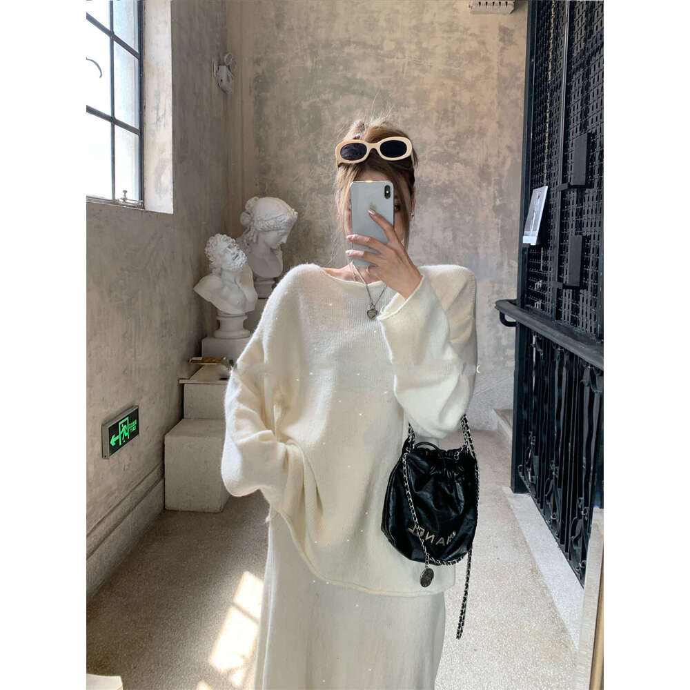 Hirsionsan Sexy Soft Elegant Vintage Women Suits 2 Pieces Female Sets Slash Neck Sweater & Midi Dress Bg Knitted Tracuit