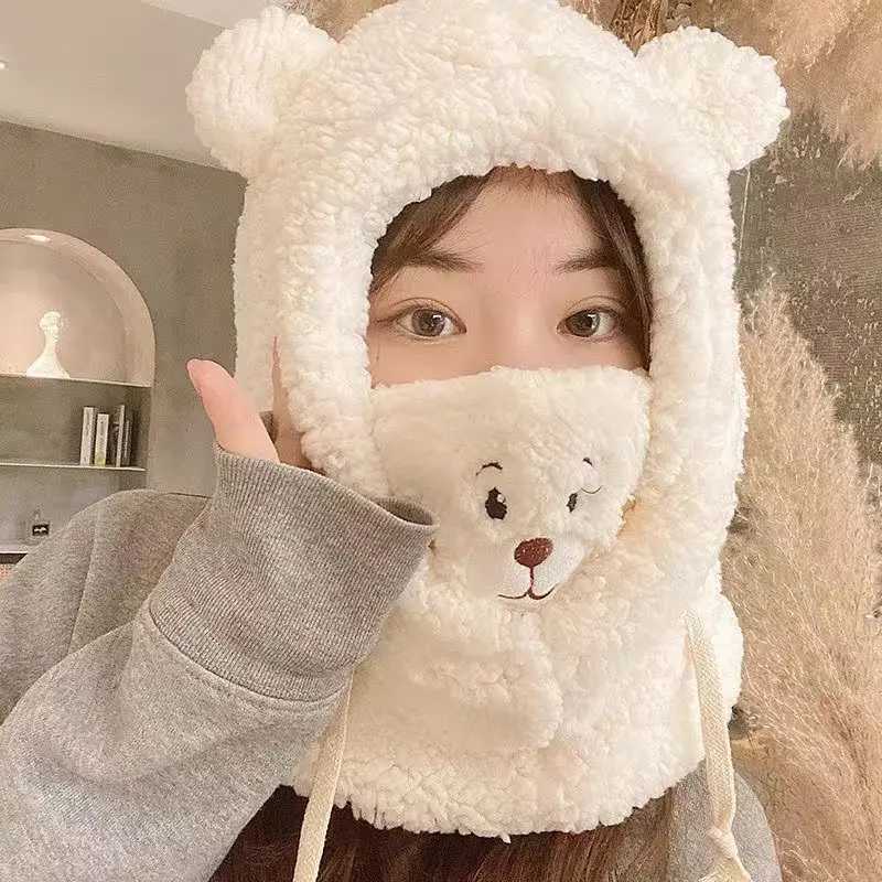 Winter Hat With Mask Bear Lamb Beanie Hats Warm Thickened Ear Protection Skullies Beanies for Women Girl Kawaii LX241018