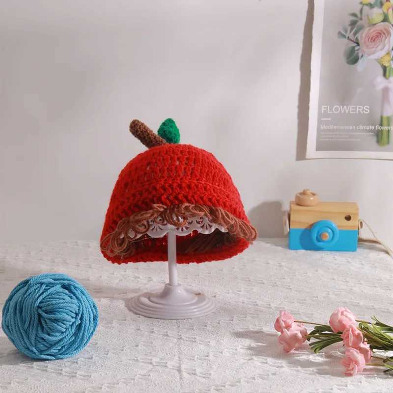 Cute Apple Shape Baby Girl Bucket Hat Hair Pigtail Braid Wig Cap Winter Warm Knitted Children Kids Girls Hats Caps Accessories LX241018