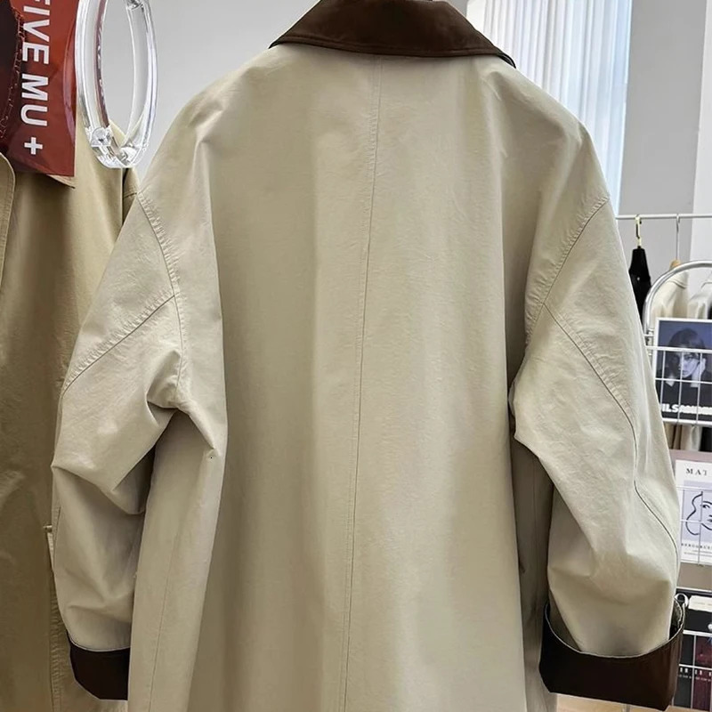 Highend Chic Contrasting Color Lapel Midlength Casual Windbreaker Spring Autumn Thin Korean High Street Workwear Jacket 241018