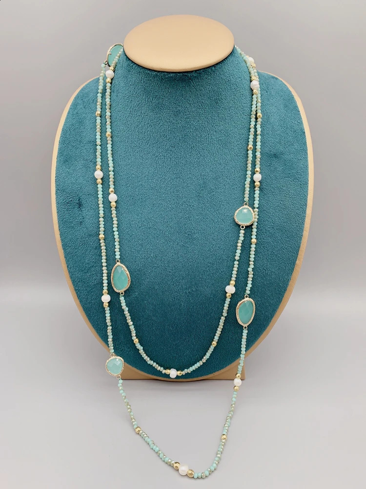 Faceted Cut Irregular Aqua Quartz Long Necklace 5-6mm White Freshwater Pearl 2mm Crystal and 50 inch Hammer Strike Gold Beads 241017