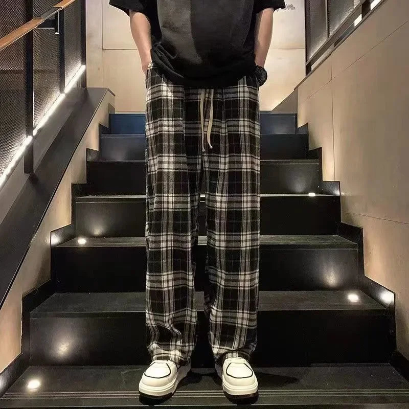 Straight Plaid Mens Casual Pants Long Check Male Trousers Korean Style Clothes Low Price Stylish Y2k Fashion Streetwear 241018