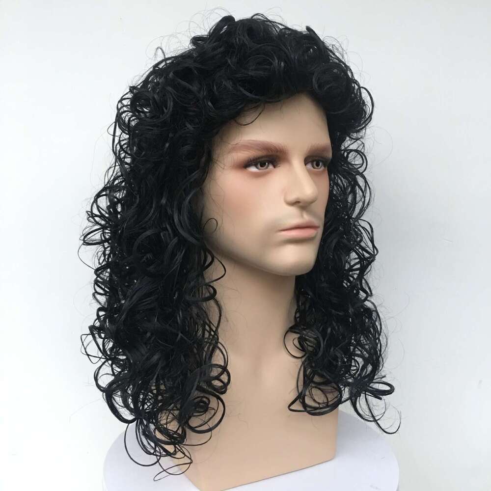 Men's Cosplay Black Fluffy Long Synthetic Small Curly Hair Wig