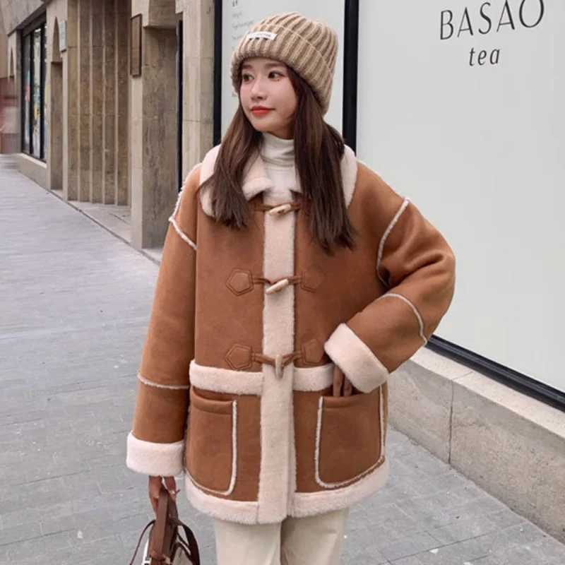 Popular Retro Maillard Lamb Wool Coat for Womens 2024 Winter Korean Version Cow Horn Button Fur Integrated Cotton Coat Y161X241018