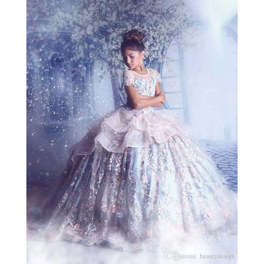 Neck For Wedding Sheer Organza Girls Pageant Lace Applique Princess Children Gowns Wer Beaded Girl Dresses