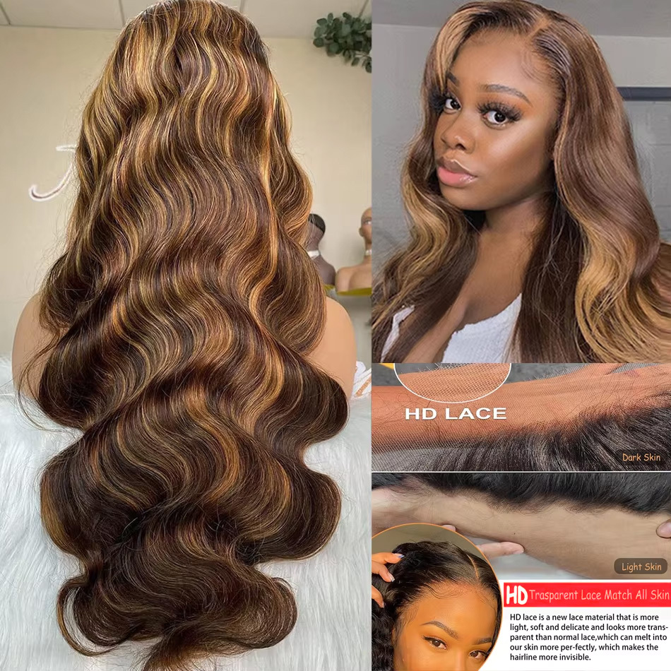 200 Density 427 Highlight Ombre 13X6 HD Frontal Body Wave Human Hair 13X4 Lace Front Wig 13X5 30 32Inch Brazilian Brown