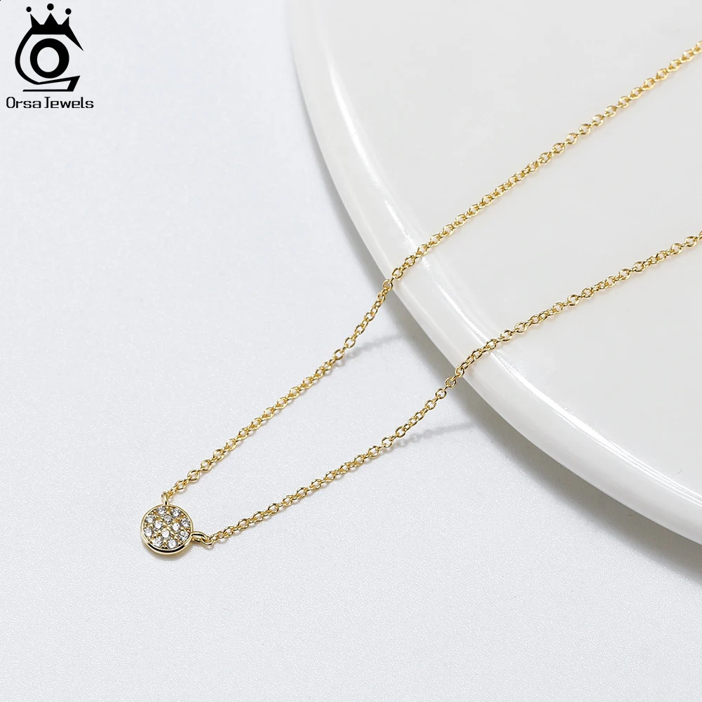 ORSA JEWELS Fashion 925 Pure Silver Jewelry Round Zircon Pendant Necklace Suitable for Women Fine Crystal Chain Necklace APN22 241018