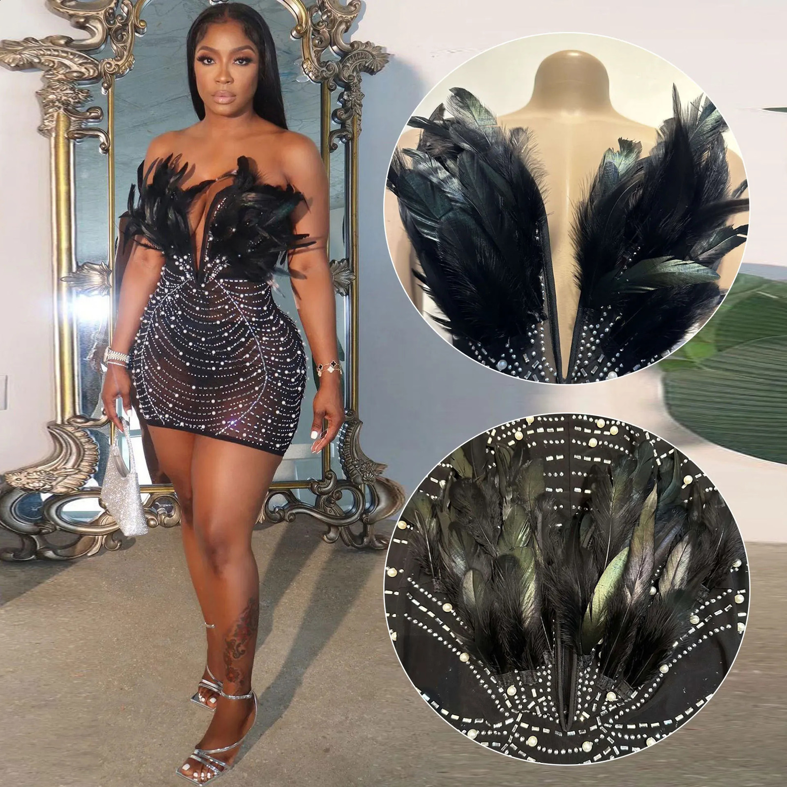 Sexy Clubparty high waisted sexy Feather Bodycon dress for women strapless rhinestone pearl mini dress 241017