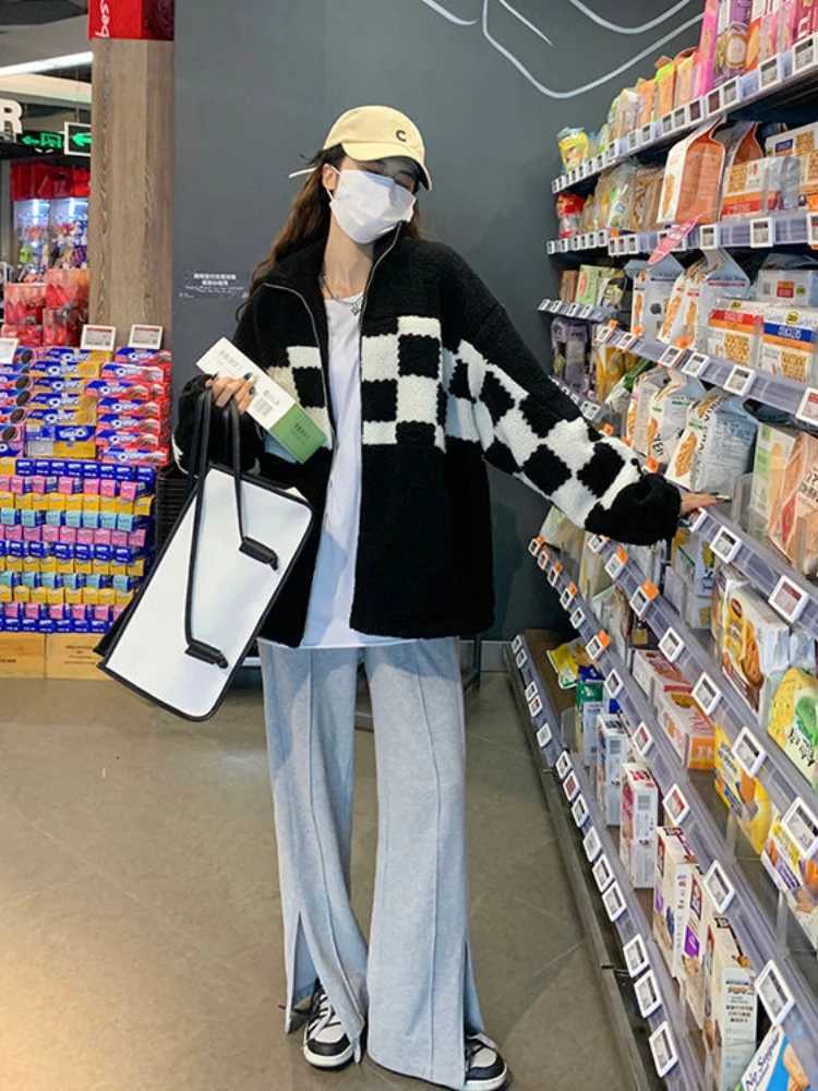 Deeptown High Street Zip Up Plaid Quilted Coat Women Harajuku Lamb Wool Jacket Retro Patchwork Loose Winter Outwear Preppy StyleX241018
