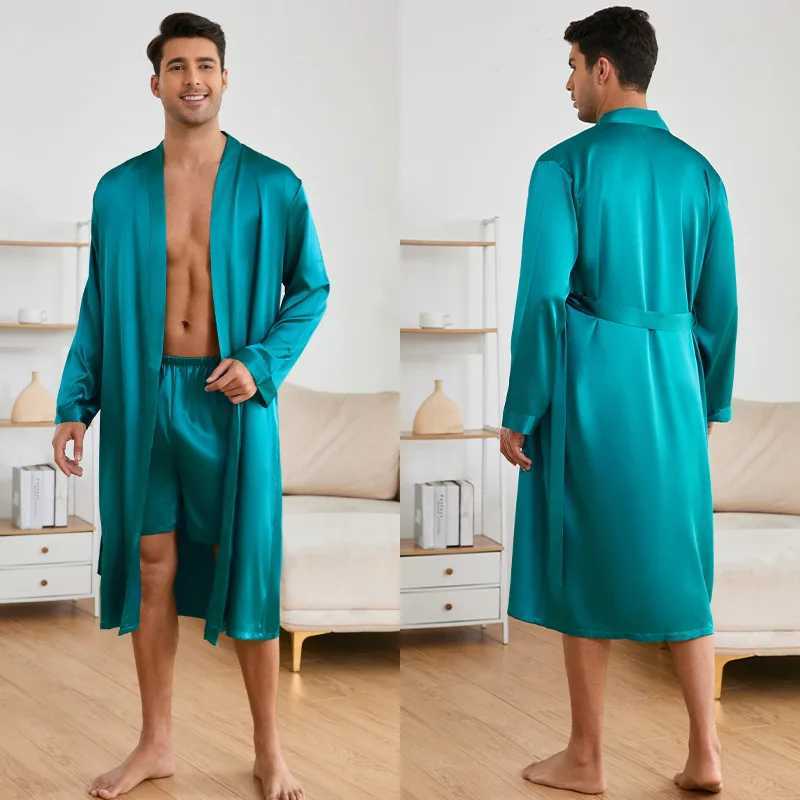 Solid Color Simple Homewear Mens Sleepwear Silk Satin Robe Shorts Pajamas Suit Spring Autumn Long Sleeved Bathrobe NightgownXJ241018