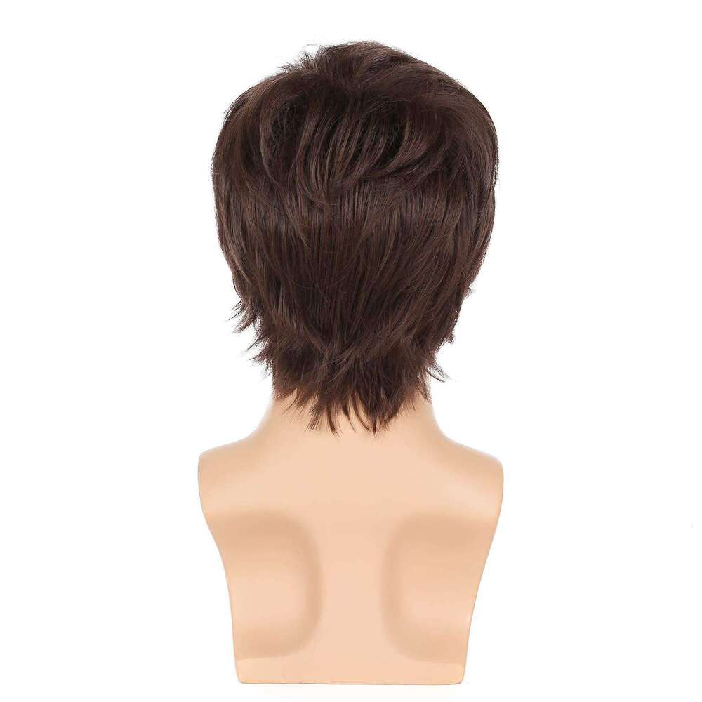 Men's Short Straight Brown Fluffy Wig Long Bangs Synthetic Headband Men Wigs