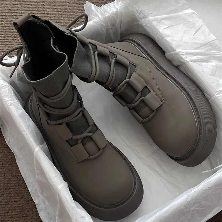 Designer Boot White Womens Boots British-Style Martin - Thick Sole Elevating Lace-Up Ankle Women's Martin Boots