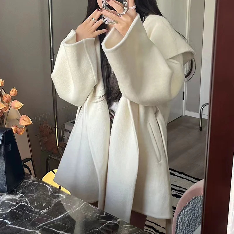 Autumn Winter Real Wool Coat Soft Medium Length Hooded Women Fashion Belted Loose 241018