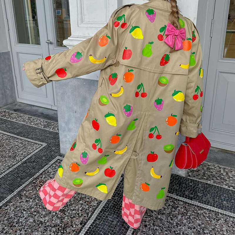 Fashion Print Long Trench Coat For Women 2024 Female Turndown Collar Chic Single-Breasted Windbreaker Outerwear New