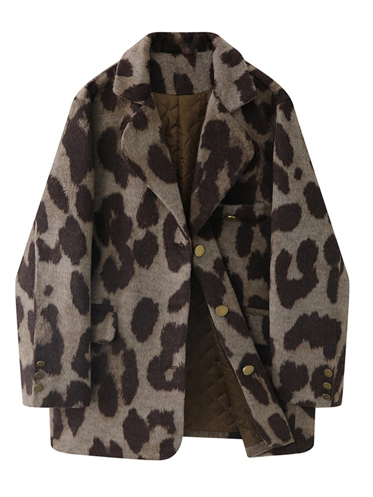 Winter Women Old Money Leopard Print Jacket 90s Vintage Blazer Woolen Coat Singlebreasted Outwear Warm Thick Oversize Harajuku 241018